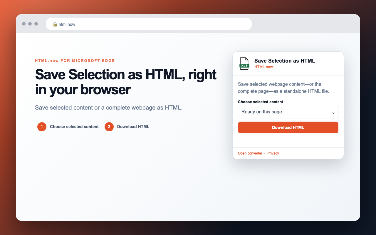 Save Selection as HTML interface in Microsoft Edge